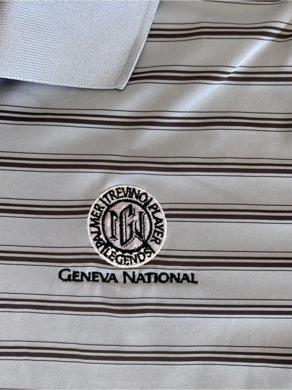 adidas Geneva National Golf Men's Light Blue Polo with Navy Stripes